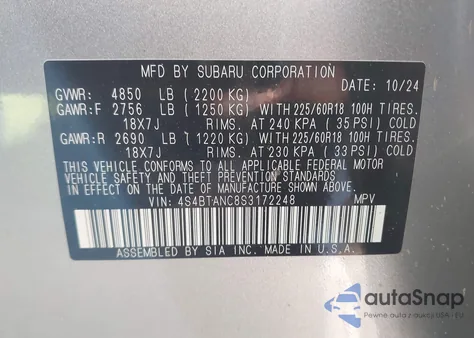 2025 Subaru Outback Limited from USA, damaged, VIN 4S4BTANC8S3172248